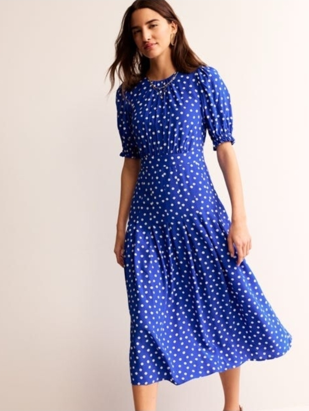 Blue Polka Dot Midi Dress - Elegant Puff Sleeve